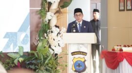 Foto sambutan Bupati Tanahbumbu Andi Rufi Latif, dalam acara syukuran hari Bhayangkara ke-79 di Mapolres Tanah Bumbu, Selasa kemarin.