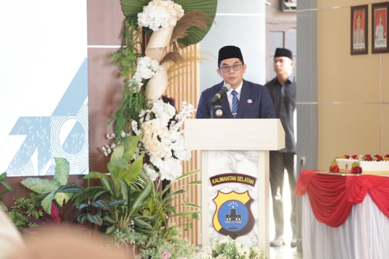 Foto sambutan Bupati Tanahbumbu Andi Rufi Latif, dalam acara syukuran hari Bhayangkara ke-79 di Mapolres Tanah Bumbu, Selasa kemarin.